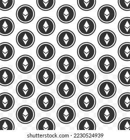 Pattern of Ethereum coin in white background with mini doodle (icons). Vector Illustration
