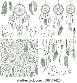 Pattern of ethnic feathers and dreamcatcher. Ethnic set in native style. Feathers and beads on white background. Vector decorative elements hippie