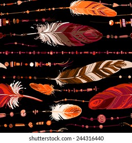 Pattern of ethnic feathers. Ethnic seamless pattern in native style. Bright colored feathers and beads on white background. Vector decorative elements hippie