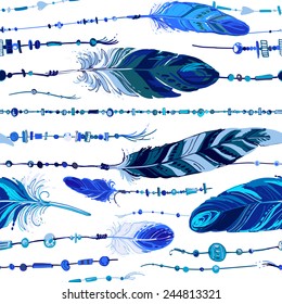 Pattern of ethnic feathers. Ethnic seamless pattern in native style. Bright colored feathers and beads on white background. Vector decorative elements hippie