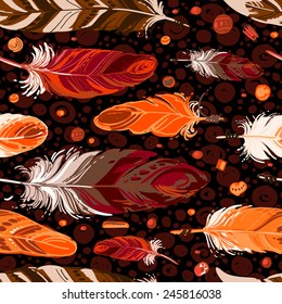 Pattern of ethnic feathers. Ethnic seamless pattern in native style. Bright colored feathers and beads on white background. Vector decorative elements hippie