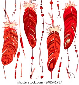 Pattern of ethnic feathers. Ethnic seamless pattern in native style. Bright colored feathers and beads on white background. Vector decorative elements hippie