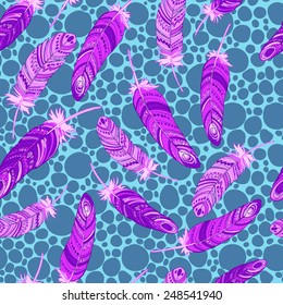 Pattern of ethnic feathers. Ethnic seamless pattern in native style. Bright colored feathers and beads on white background. Vector decorative elements hippie