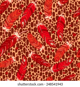 Pattern of ethnic feathers. Ethnic seamless pattern in native style. Bright colored feathers and beads on white background. Vector decorative elements hippie