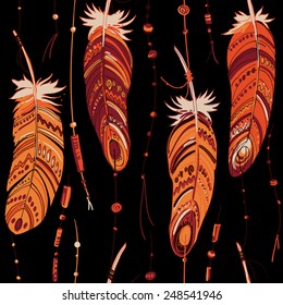Pattern of ethnic feathers. Ethnic seamless pattern in native style. Bright colored feathers and beads on white background. Vector decorative elements hippie