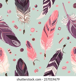 Pattern of ethnic feathers. Ethnic seamless pattern in native style. Bright colored feathers and beads on white background. Vector decorative elements hippie