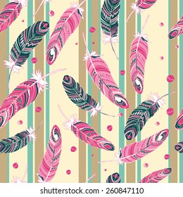 Pattern of ethnic feathers. Ethnic seamless pattern in native style. Bright colored feathers and beads on white background. Vector decorative elements hippie