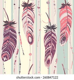 Pattern of ethnic feathers. Ethnic seamless pattern in native style. Bright colored feathers and beads on white background. Vector decorative elements hippie