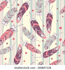 Pattern of ethnic feathers. Ethnic seamless pattern in native style. Bright colored feathers and beads on white background. Vector decorative elements hippie