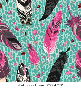Pattern of ethnic feathers. Ethnic seamless pattern in native style. Bright colored feathers and beads on white background. Vector decorative elements hippie
