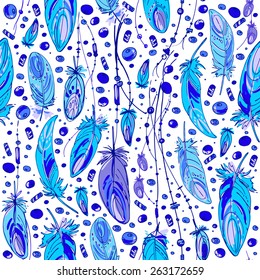 Pattern of ethnic feathers. Ethnic seamless pattern in native style. Bright colored feathers and beads on white background. Vector decorative elements hippie