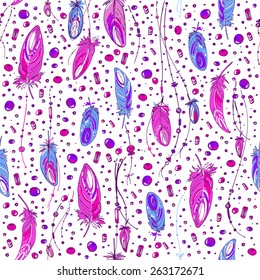 Pattern of ethnic feathers. Ethnic seamless pattern in native style. Bright colored feathers and beads on white background. Vector decorative elements hippie