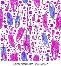 Pattern of ethnic feathers. Ethnic seamless pattern in native style. Bright colored feathers and beads on white background. Vector decorative elements hippie
