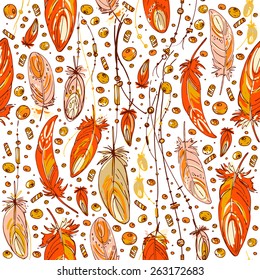 Pattern of ethnic feathers. Ethnic seamless pattern in native style. Bright colored feathers and beads on white background. Vector decorative elements hippie