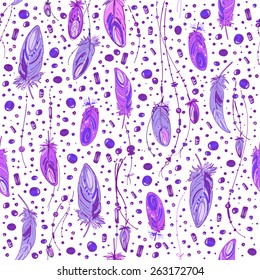 Pattern of ethnic feathers. Ethnic seamless pattern in native style. Bright colored feathers and beads on white background. Vector decorative elements hippie