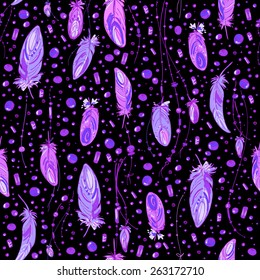Pattern of ethnic feathers. Ethnic seamless pattern in native style. Bright colored feathers and beads on black background. Vector decorative elements hippie