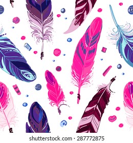 Pattern of ethnic feathers. Ethnic seamless pattern in native style. Bright colored feathers and beads on white background. Vector decorative elements hippie