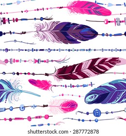 Pattern of ethnic feathers. Ethnic seamless pattern in native style. Bright colored feathers and beads on white background. Vector decorative elements hippie