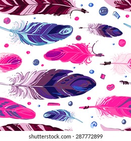 Pattern of ethnic feathers. Ethnic seamless pattern in native style. Bright colored feathers and beads on white background. Vector decorative elements hippie