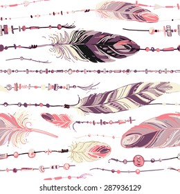 Pattern of ethnic feathers. Ethnic seamless pattern in native style. Bright colored feathers and beads on white background. Vector decorative elements hippie