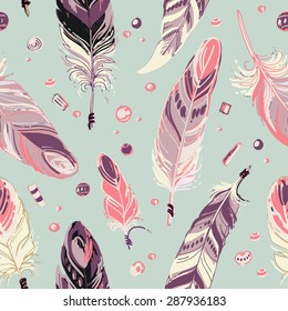 Pattern of ethnic feathers. Ethnic seamless pattern in native style. Bright colored feathers and beads on white background. Vector decorative elements hippie