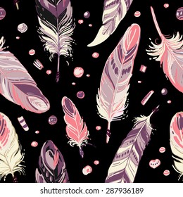 Pattern of ethnic feathers. Ethnic seamless pattern in native style. Bright colored feathers and beads on black background. Vector decorative elements hippie