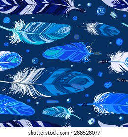 Pattern of ethnic feathers. Ethnic seamless pattern in native style. Bright colored feathers and beads on color background. Vector decorative elements hippie