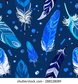 Pattern of ethnic feathers. Ethnic seamless pattern in native style. Bright colored feathers and beads on color background. Vector decorative elements hippie