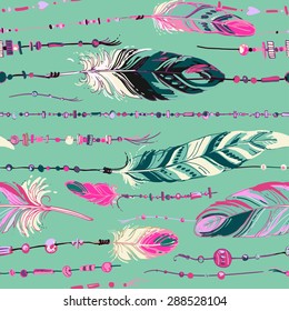 Pattern of ethnic feathers. Ethnic seamless pattern in native style. Bright colored feathers and beads on color background. Vector decorative elements hippie