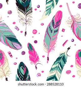 Pattern of ethnic feathers. Ethnic seamless pattern in native style. Bright colored feathers and beads on color background. Vector decorative elements hippie