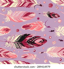 Pattern of ethnic feathers. Ethnic seamless pattern in native style. Bright colored feathers and beads on color background. Vector decorative elements hippie