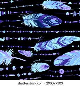 Pattern of ethnic feathers. Ethnic seamless pattern in native style. Bright colored feathers and beads on color background. Vector decorative elements hippie