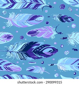 Pattern of ethnic feathers. Ethnic seamless pattern in native style. Bright colored feathers and beads on color background. Vector decorative elements hippie