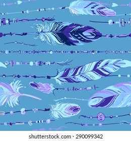 Pattern of ethnic feathers. Ethnic seamless pattern in native style. Bright colored feathers and beads on color background. Vector decorative elements hippie