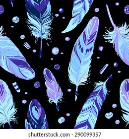 Pattern of ethnic feathers. Ethnic seamless pattern in native style. Bright colored feathers and beads on color background. Vector decorative elements hippie