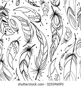 Pattern of ethnic feathers. Ethnic set in native style. Feathers and beads on white background. Vector decorative elements hippie