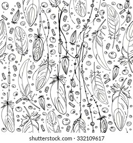 Pattern of ethnic feathers. Ethnic set in native style. Feathers and beads on white background. Vector decorative elements hippie