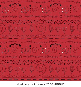 Pattern with ethnic motifs on a red background. Christmas, winter theme, hand-drawn elements. Seamless vector image.