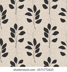 Pattern with eucalyptus branches, dark leaves silhouette and contour, on beige background. For textiles, wrapping, packaging. Vector illustration