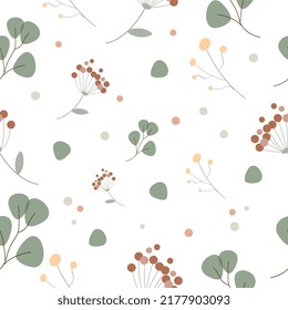 Pattern with eucalyptus and organic natural branches of dried flowers. Vector graphics