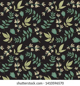 pattern of Eucalyptus palm fern different tree, foliage natural branches, green leaves, herbs, tropical plant hand drawn watercolor Vector fresh beauty rustic eco friendly background on Black