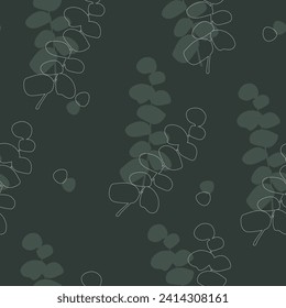 Pattern of eucalyptus. Silhouette. Botanical. Dark green background. Print. Textile. Fabric. Wrapping paper. Postcard. Abstract.