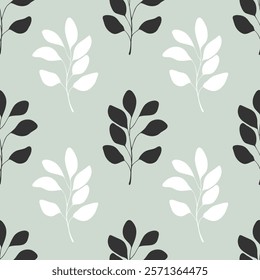 Pattern with eucalyptus white and dark leaves silhouette on pastel background. Vector illustration