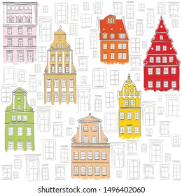 Pattern with European architecture and windows. Vector pattern with various cartoon houses. Doodle background vector. Vector image, clip art, editable details. Hand drawn background.