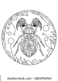 Patrón con escarabajo europeo. Ilustración de un escarabajo en Mandala. insecto de escarabajo europeo en un marco circular. Página de coloreo de insectos para niños y adultos.