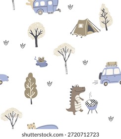 The pattern is evenly spread across the entire surface, creating a lively and cohesive look with no blank spaces. Elements such as picnic blankets, baskets, fruits, flowers, trees, sunshine, and subtle nature motifs are repeated in a balanced way. The overall feel is fresh, relaxed, and playful, evoking the joy of spending time outdoors in a natural, open environment. Soft yet vibrant colors enhance the summery mood, making the print visually engaging and suitable for casual, lifestyle-inspired products