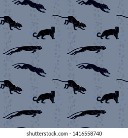 Pattern with exotic animal, blue colors, seamless for textile, black panther, vector