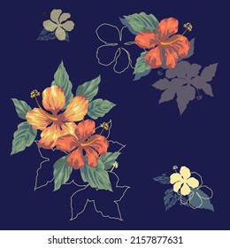 Pattern of exotic flowers on a blue background. Beautiful elements of flowers and leaves. Vector illustration