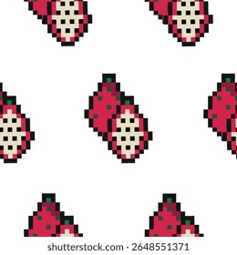 pattern with exotic fruit in pixel art style, namely dragon fruit icons, retro 8-bit graphics style with visible square pixels and minimal color palette