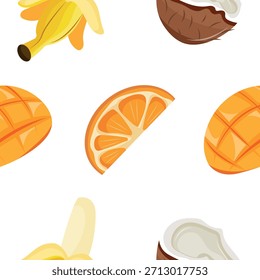 Patrón con frutas exóticas, a saber, mitades de plátano, naranja, coco y mango, para textiles, embalaje y diseño digital